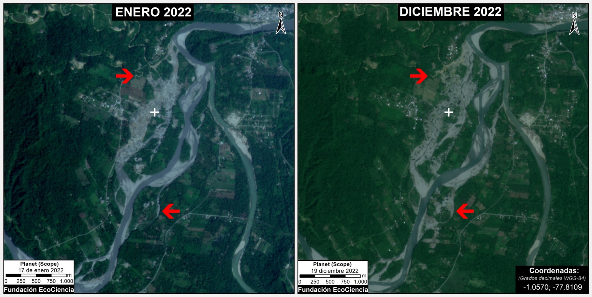 En solo un año, de enero a diciembre de 2022, la minería ilegal aumentó 55 hectáreas, hacia el sector de Naranjalito. Imagen satelital obtenida por Monitoring of the Andean Amazon Project (MAAP #184)